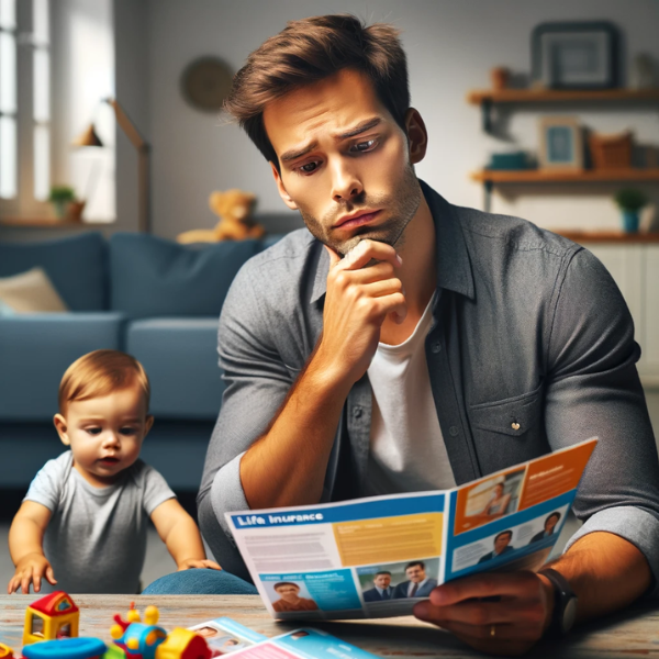 Imagen cuadrada que representa a un hombre joven y atractivo con expresión dubitativa, mirando varios folletos de seguros de vida. Observa a su hijo de un año que juega con juguetes cerca de él. El escenario es un salón acogedor y bien iluminado, que transmite una sensación de vida doméstica. El padre se muestra preocupado y pensativo, mientras que el niño se entretiene alegremente con juguetes de colores, creando un contraste entre las preocupaciones del padre y la inocencia del niño. https://segurodevida.top/