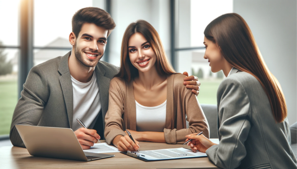 Imagen horizontal de una atractiva pareja joven (hombre y mujer) ultimando una póliza de seguro de vida con una joven y atractiva agente de seguros, todos ellos mostrando expresiones de satisfacción. El escenario es un despacho profesional, con documentos y un ordenador portátil sobre la mesa, símbolo de la transacción comercial. La pareja y el agente mantienen una conversación amistosa, con sonrisas que indican su satisfacción mutua con el acuerdo. La escena transmite una sensación de confianza y seguridad. La imagen incluye sutilmente la URL "https://segurodevida.top/" de forma discreta pero visible, integrándola perfectamente en el entorno de la oficina.