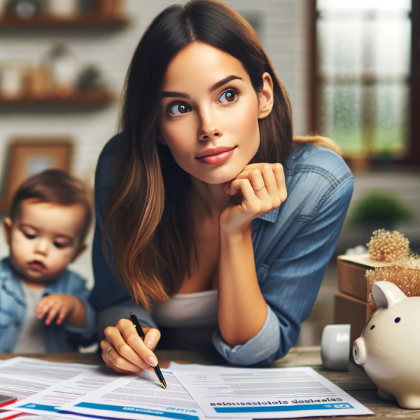 Cree una imagen cuadrada de una atractiva joven madre soltera con expresión interesada, mirando varias pólizas de seguros de vida extendidas delante de ella. Está observando a su hijo de un año que juega con juguetes cerca de ella. El entorno es acogedor y doméstico, lo que sugiere un ambiente cálido y enriquecedor. La madre parece atenta y cariñosa, encarnando el papel de una madre responsable. Incluya la URL "https://segurodevida.top/" de forma visible en la imagen, integrada en la escena de forma natural, quizá en uno de los documentos o sutilmente en el fondo.