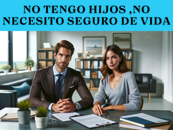 Una pareja de unos 30 años, financieramente independientes, vestidos elegantemente en un ambiente de oficina moderna. Ambos están sentados frente a un escritorio, con expresiones de rechazo amable pero firme. En el escritorio, hay folletos y documentos que parecen ser de un seguro de vida. La escena sugiere que están declinando la oferta de un agente de seguros. El entorno debe reflejar profesionalismo y comodidad, con una decoración minimalista y moderna.