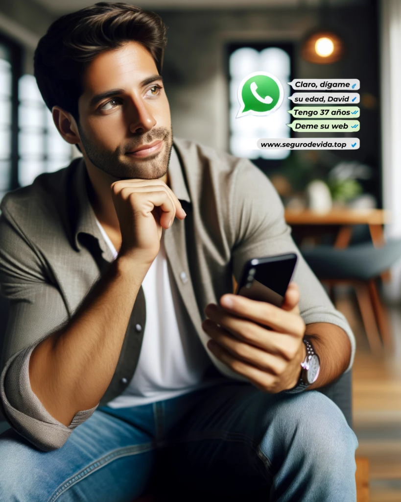 Imagen vertical de un hombre joven y atractivo de 35 años que busca información sobre un seguro de vida a través de WhatsApp. Se encuentra en una sala de estar contemporánea, sentado casualmente con su smartphone en la mano. La atención se centra en su expresión de compromiso, que muestra interés y concentración mientras se comunica. La pantalla del smartphone es visible, lo que sugiere el uso de WhatsApp con una interfaz de chat genérica y estilizada. El ambiente es relajado pero atento, acorde con el contexto de su consulta. La imagen incluye la URL "https://segurodevida.top/" sutilmente integrada en la escena, realzando el tema de la imagen.