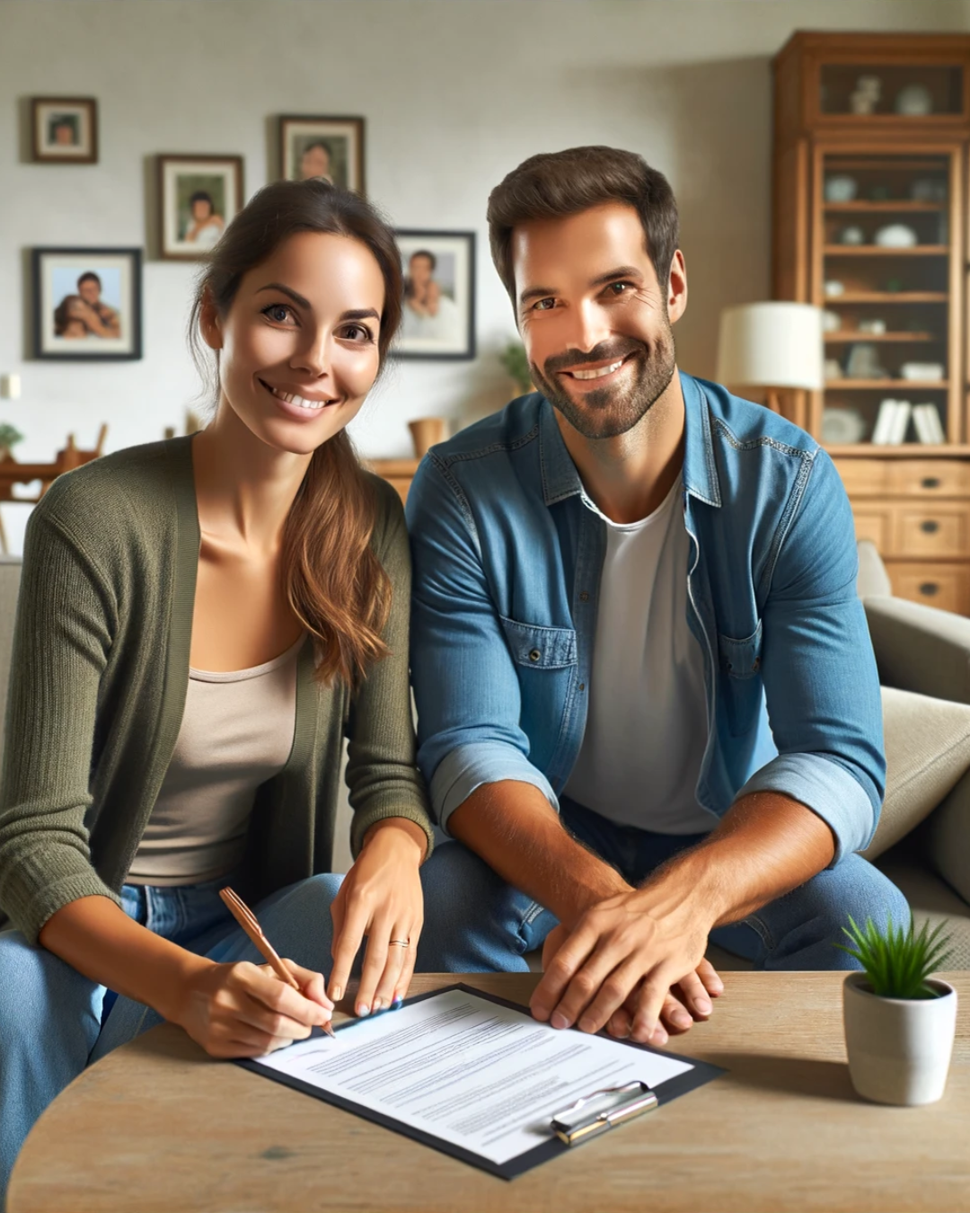 Una familia de clase media en su acogedor salón, rebosante de calidez y satisfacción. El padre, vestido de manera informal, sonríe satisfecho junto a su esposa. Ambos firman un contrato de seguro de vida sobre una mesita baja. El salón está cómodamente amueblado, reflejando un estilo de vida feliz y modesto, con fotos familiares en las paredes y cómodos asientos. La escena transmite una sensación de seguridad, unidad familiar y planificación responsable del futuro.