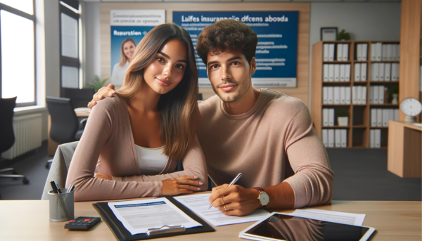 Crear una imagen horizontal en la que aparezca una pareja joven y atractiva, con rasgos colombianos, ligeramente mulata, sentada junta en una oficina en España, participando activamente en la contratación de un seguro de vida. El ambiente debe transmitir un entorno de oficina de seguros profesional y tranquilizador, con documentos visibles y una pantalla digital que muestre información relevante sobre las ventajas del seguro de vida para expatriados, destacando la asistencia a las familias en el extranjero y los fondos de repatriación. Se muestran confiados y esperanzados, comprendiendo la importancia de la póliza para sus seres queridos en el país de origen y para garantizar la seguridad financiera en relación con la repatriación. Incluya la URL "https://segurodevida.top/" en la imagen, integrada de forma natural en el entorno de la oficina, quizá en un documento o en una pantalla digital.